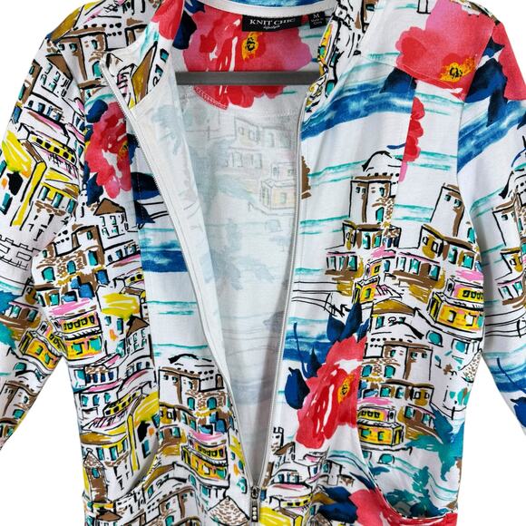 Knit Chic Colorful Beachy Floral Print Full Zip 3/4 Sleeve Jacket Pockets Size M - Picture 3 of 6